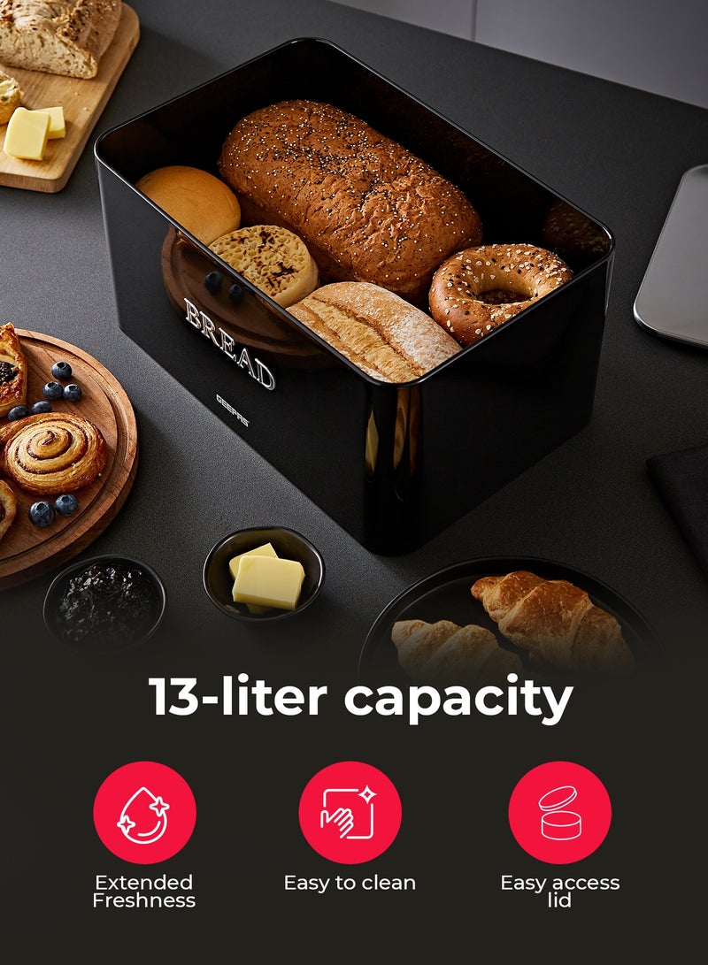 GEEPAS 13 L Bread Bin Retro-Style | Carbon Steel Bread Box with Air-Circulation Freshness System | Easy-Clean Smooth Finish, Portable Countertop Storage for Bread | Pastries & Snacks  GCS63081UK-BK Black - Image 2